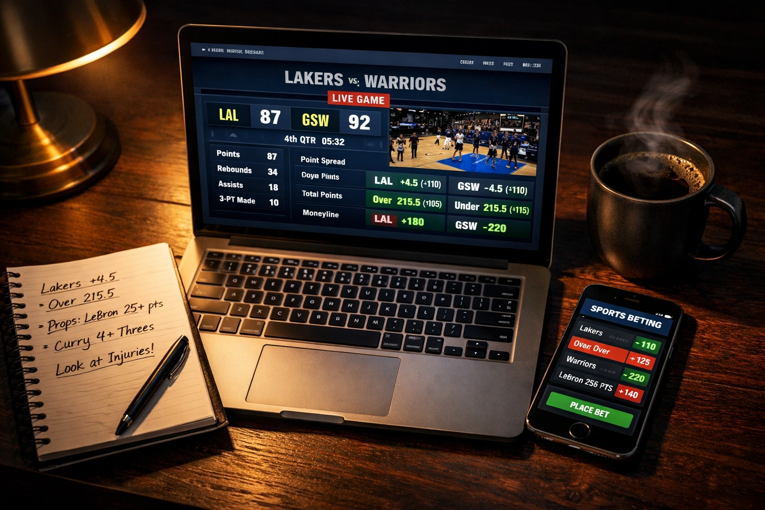 Sportwetten Setup mit Laptop, NBA Quoten und Wett-Notizen für nächtliche Tipps