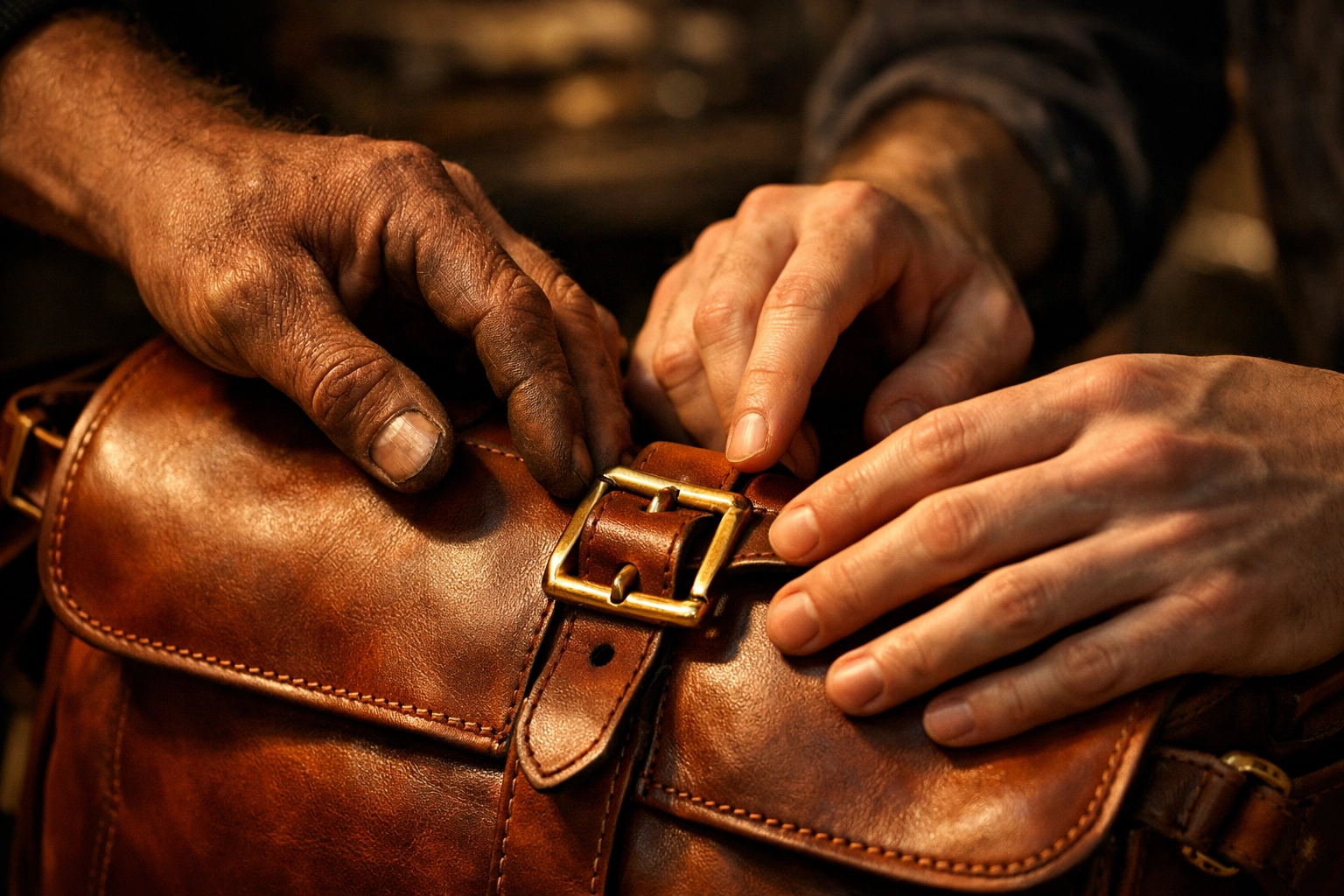 Two men's hands crafting handmade leather messenger bag in Mexican workshop
