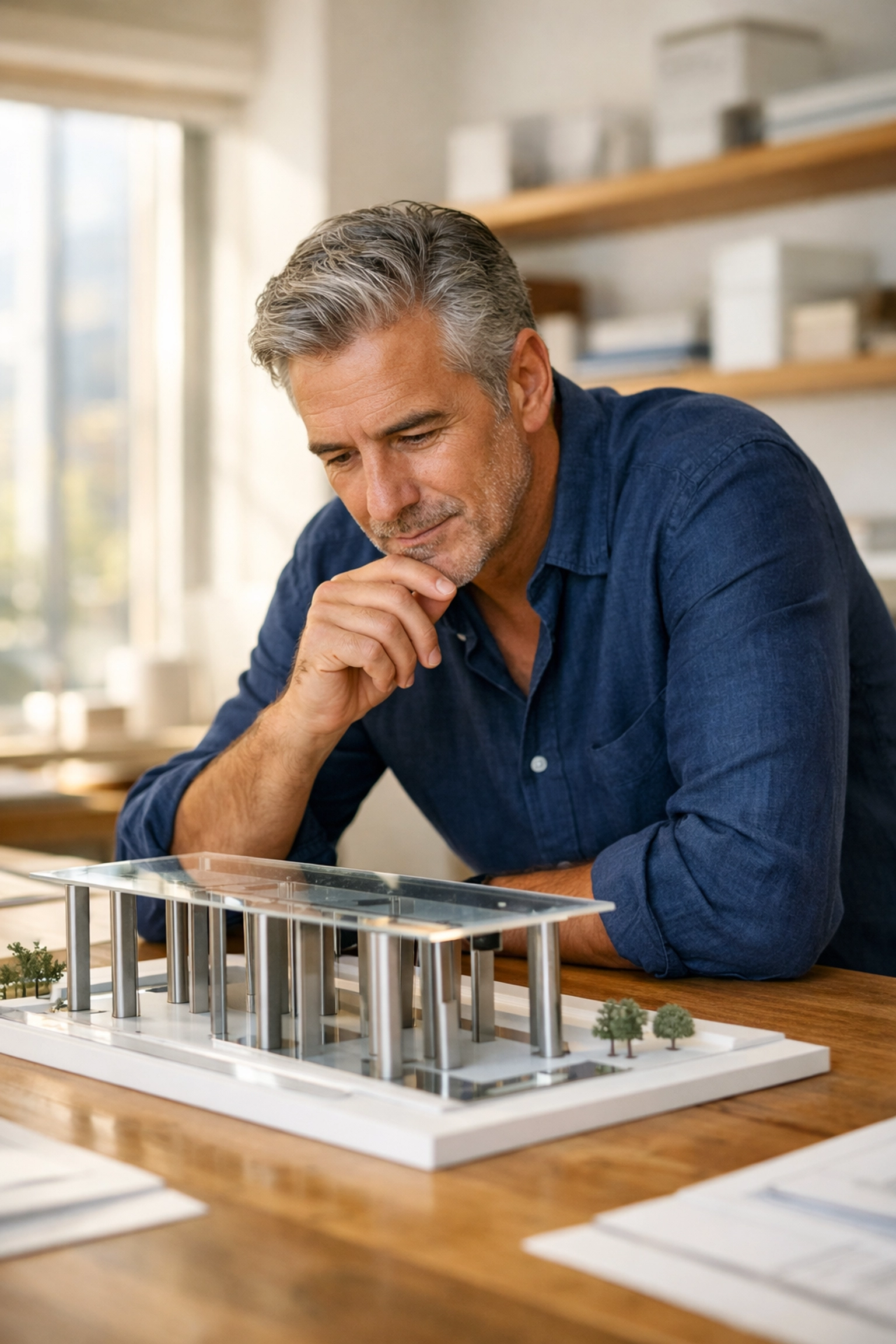 A man examining a multi-pillar model representing a secure, engineered retirement income planning strategy.