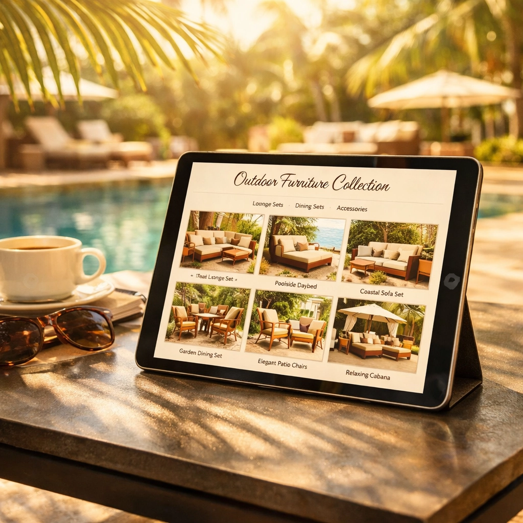AMPTAB iPad app displaying outdoor furniture catalog on poolside table with tropical setting