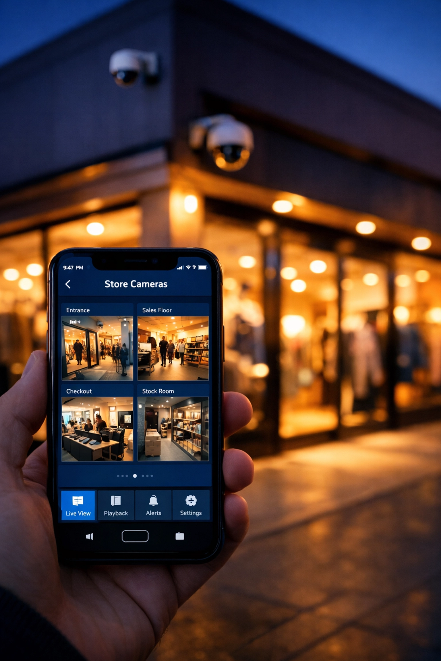 Mobile app displaying live retail security camera feeds for remote monitoring