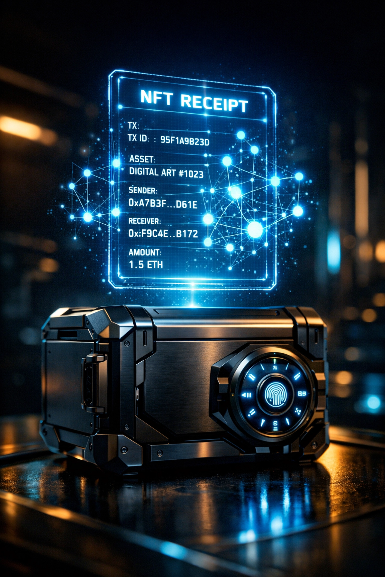 Self-custody crypto wallet with NFT receipt showing blockchain verification and instant settlement