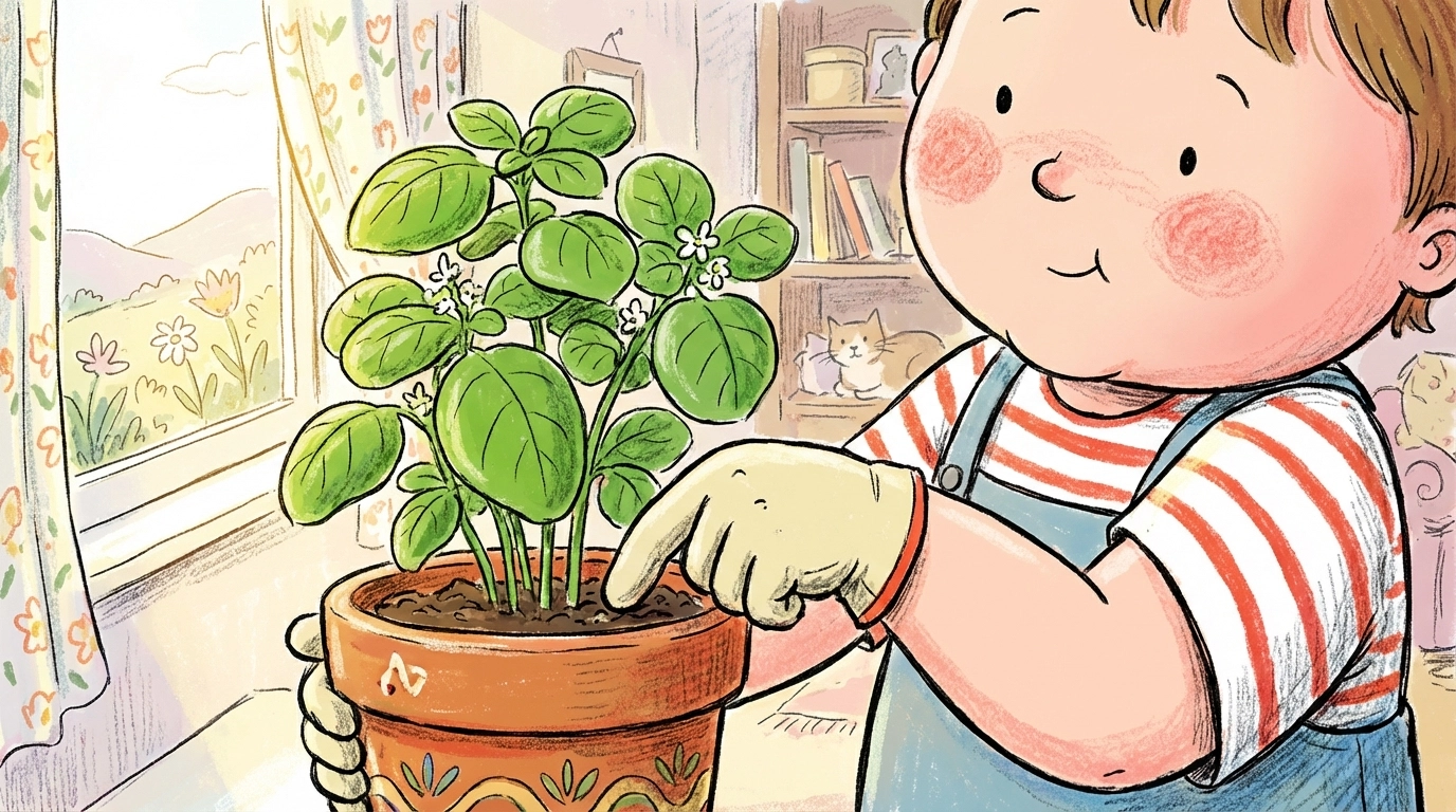 Child checks soil moisture in potted plant by sunny window, teaching indoor gardening basics to kids