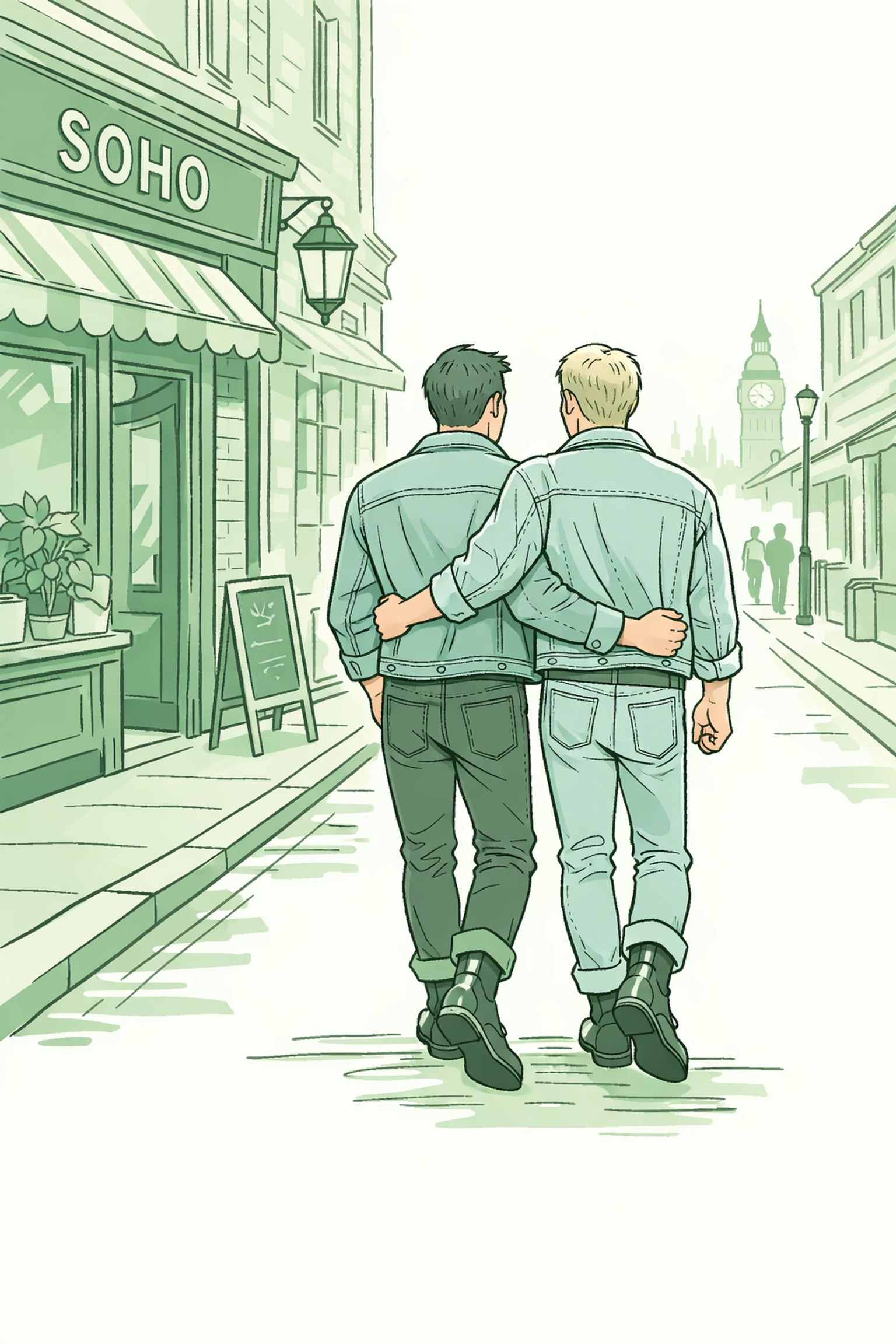 Contemporary MM romance scene showing two men walking together in London's Soho during the 1980s.