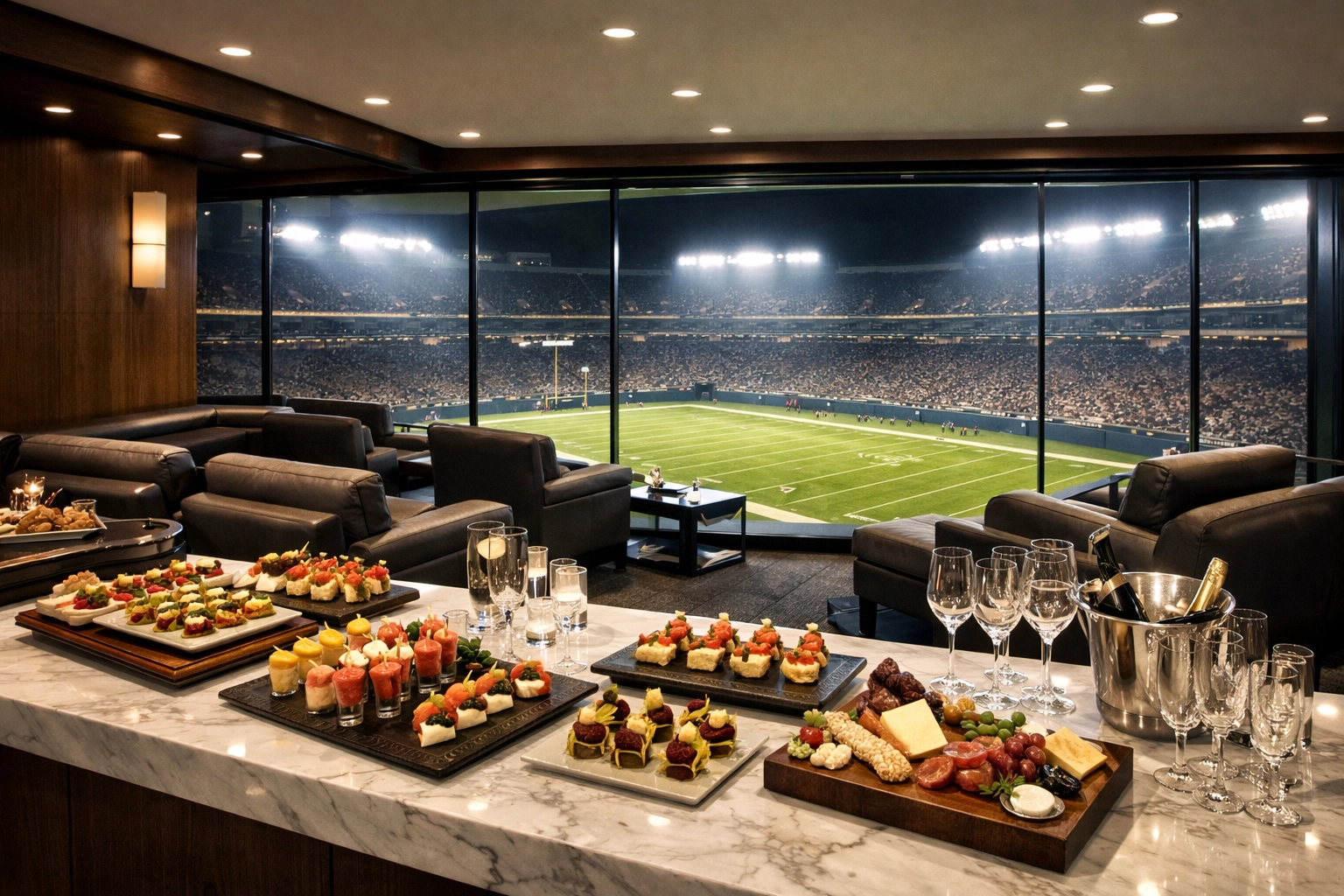 Exclusive luxury stadium suite with gourmet catering for elite Super Bowl corporate hospitality.