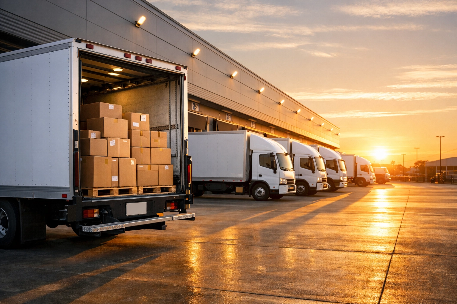 Delivery trucks at a loading dock for contract warehousing and high-performance fulfillment center services.