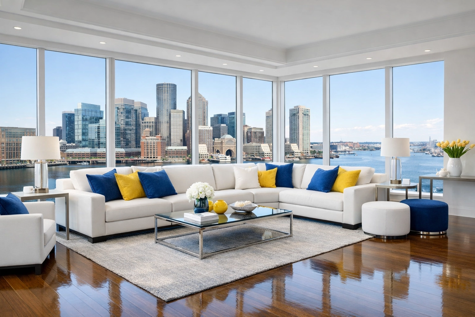 Immaculate high-rise living room showing the premium results of apartment cleaning Boston services.