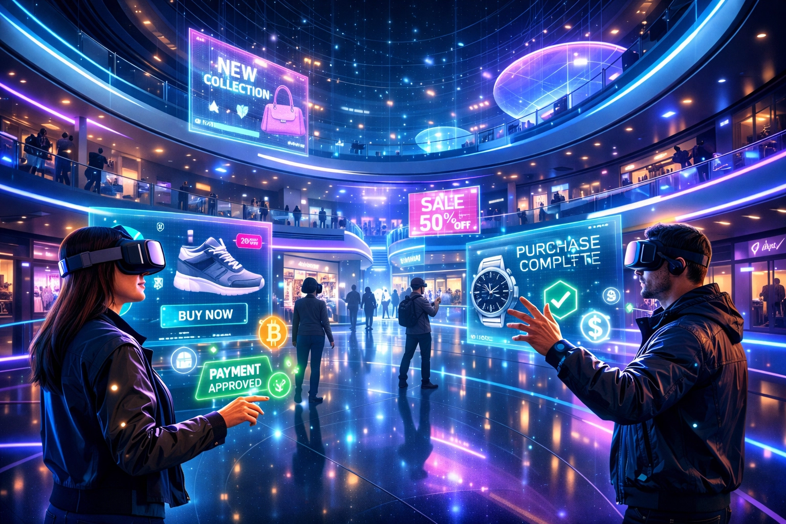 VR metaverse shopping mall with cryptocurrency payment confirmations and digital storefronts