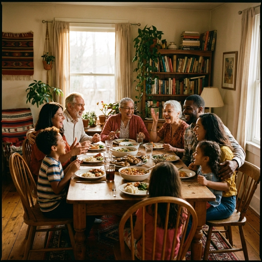 Multigenerational family enjoys a meal together, illustrating secure retirement planning and family legacy protection.