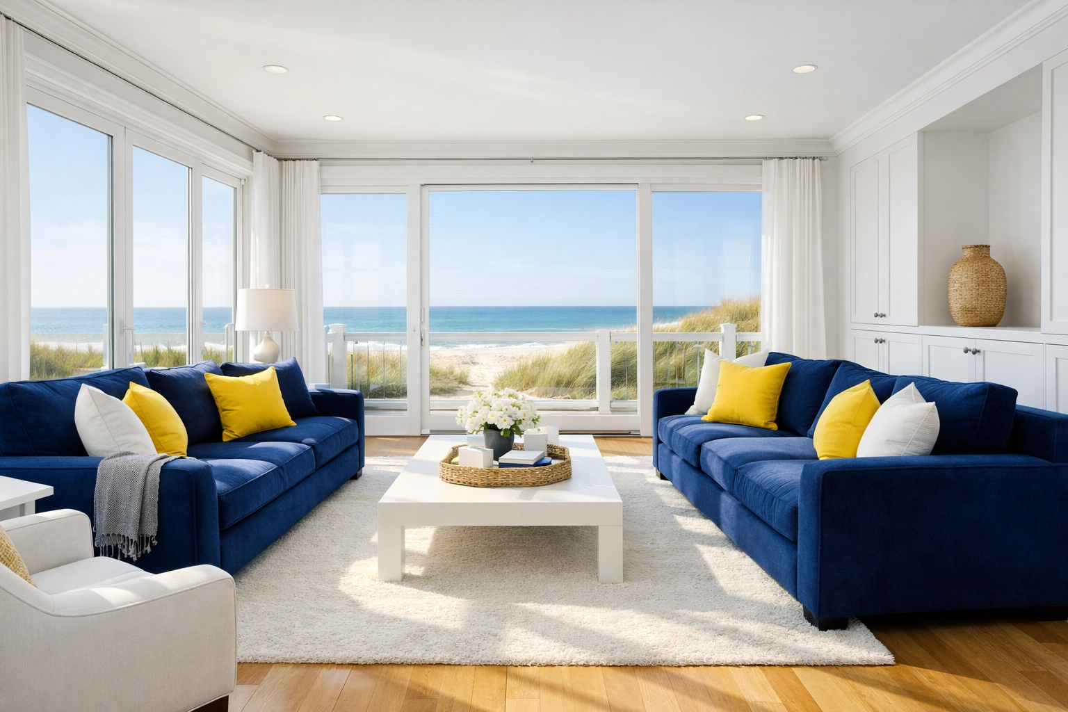 Pristine coastal living room in West Dennis after a professional house cleaning service.
