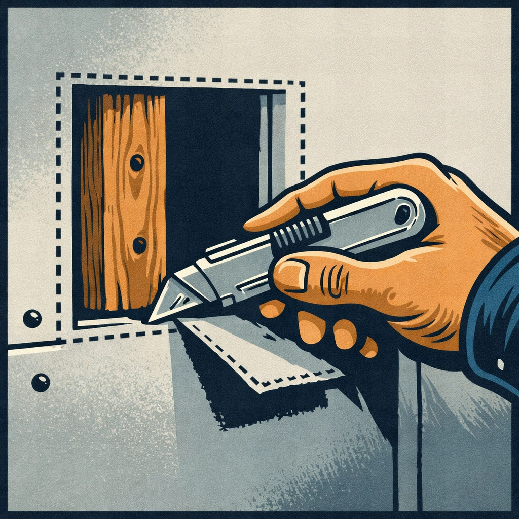 Handyman cutting a precise drywall patch back to the wall studs for a secure, professional repair.