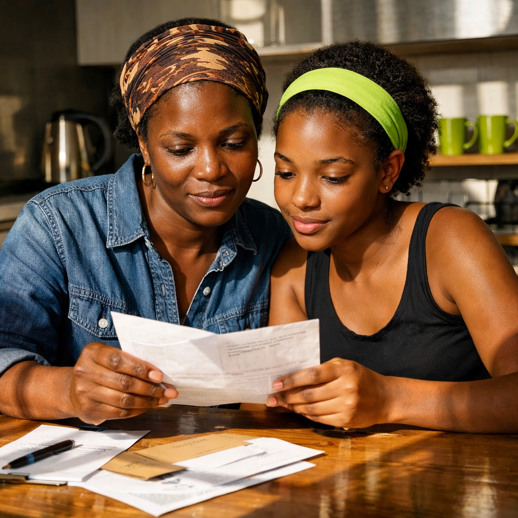 Mère et fille utilisant des community resources for immigrants omaha pour comprendre le Medicaid.