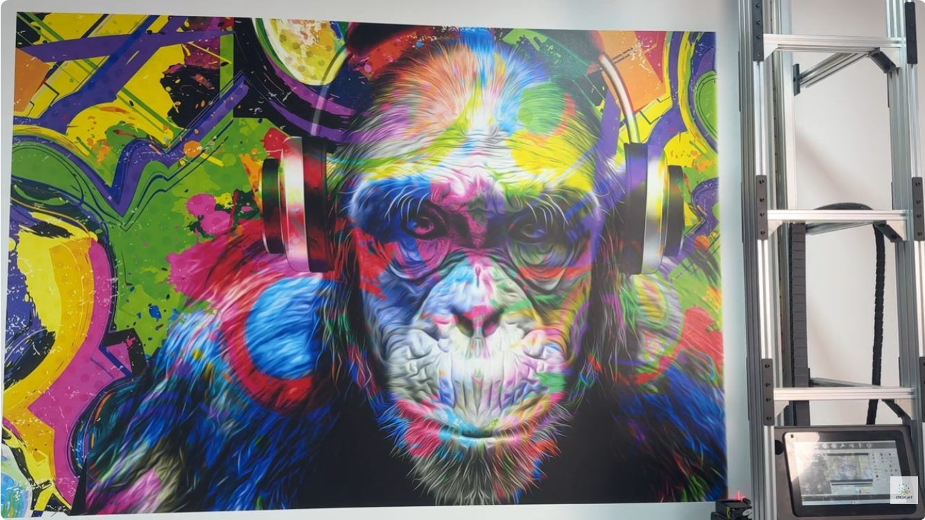 A high-impact, photorealistic mural of a chimpanzee wearing headphones, executed in vibrant, multi-color graffiti style