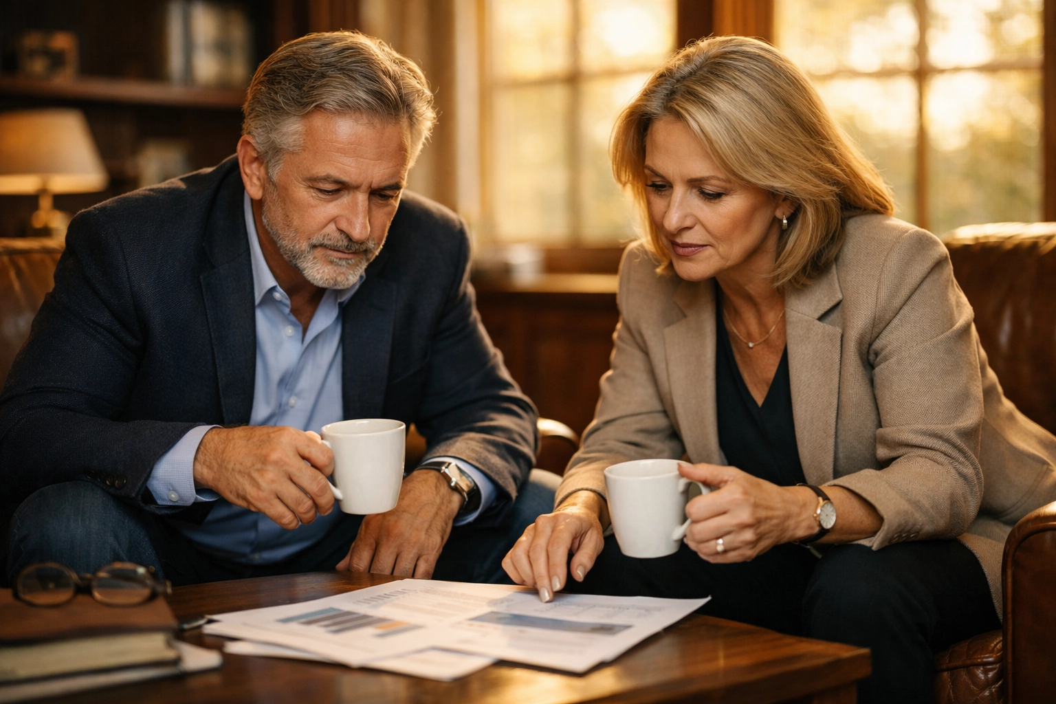 Business partners discussing succession strategies and legacy planning in a professional office.