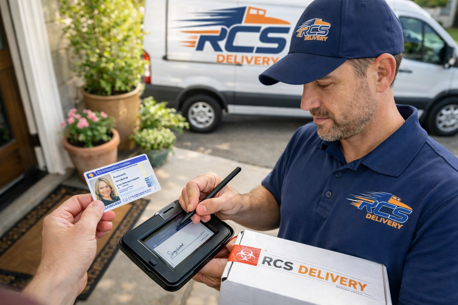 Secure courier verifying patient ID for safe pharmacy delivery service at doorstep