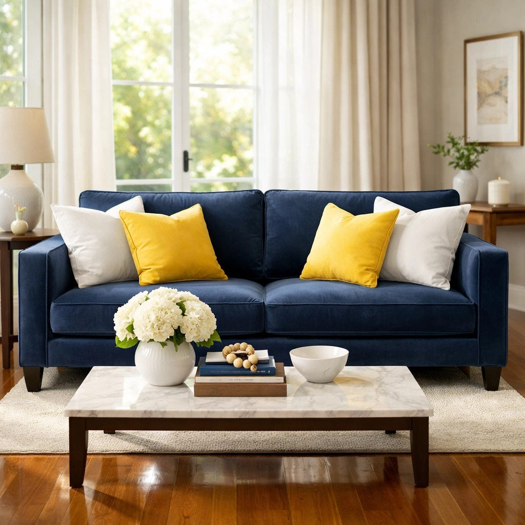 A serene Natick living room with polished floors and a tidy sofa after recurring residential cleaning services.