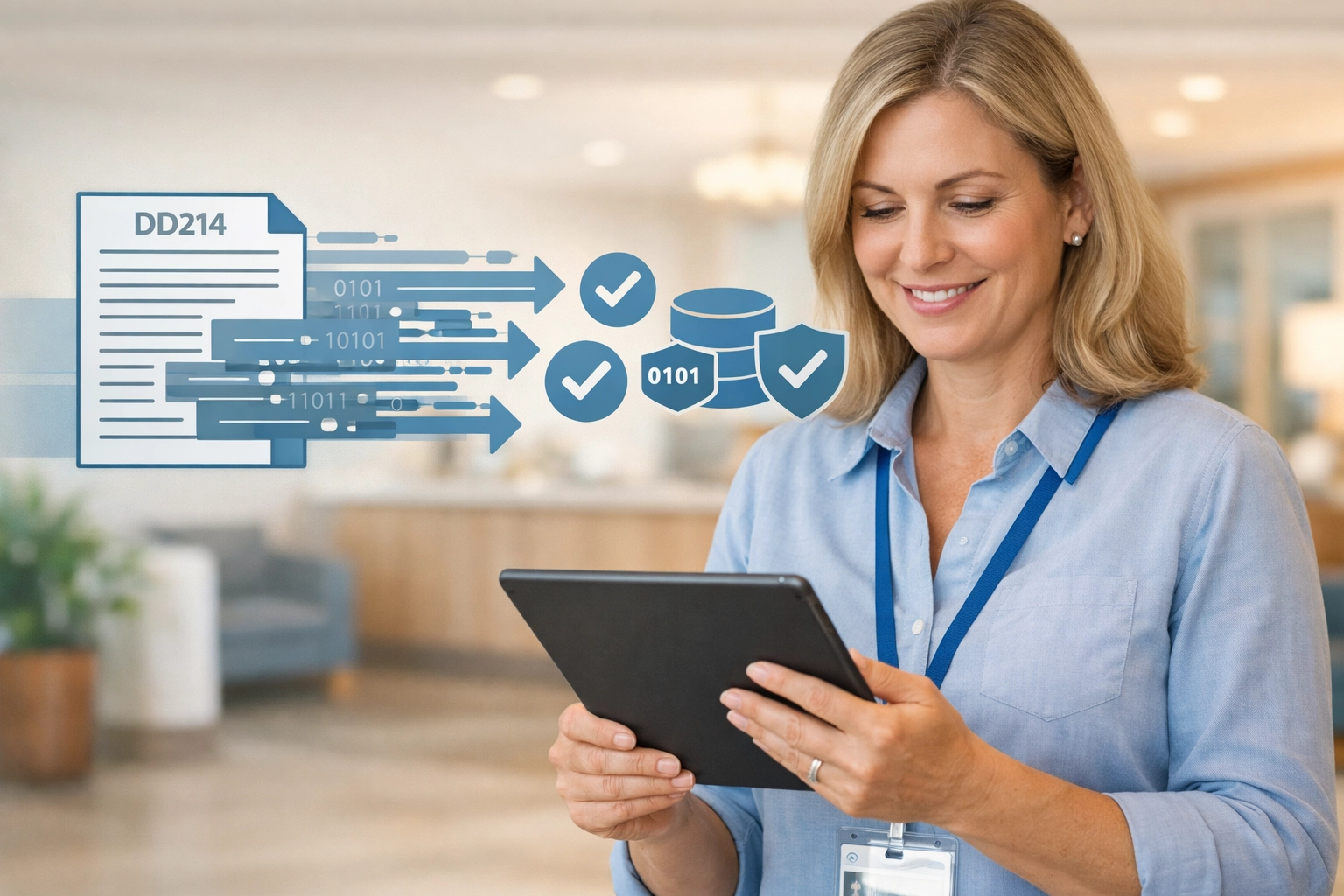 SNF admissions coordinator using AI-powered tablet for fast DD214 veteran eligibility verification