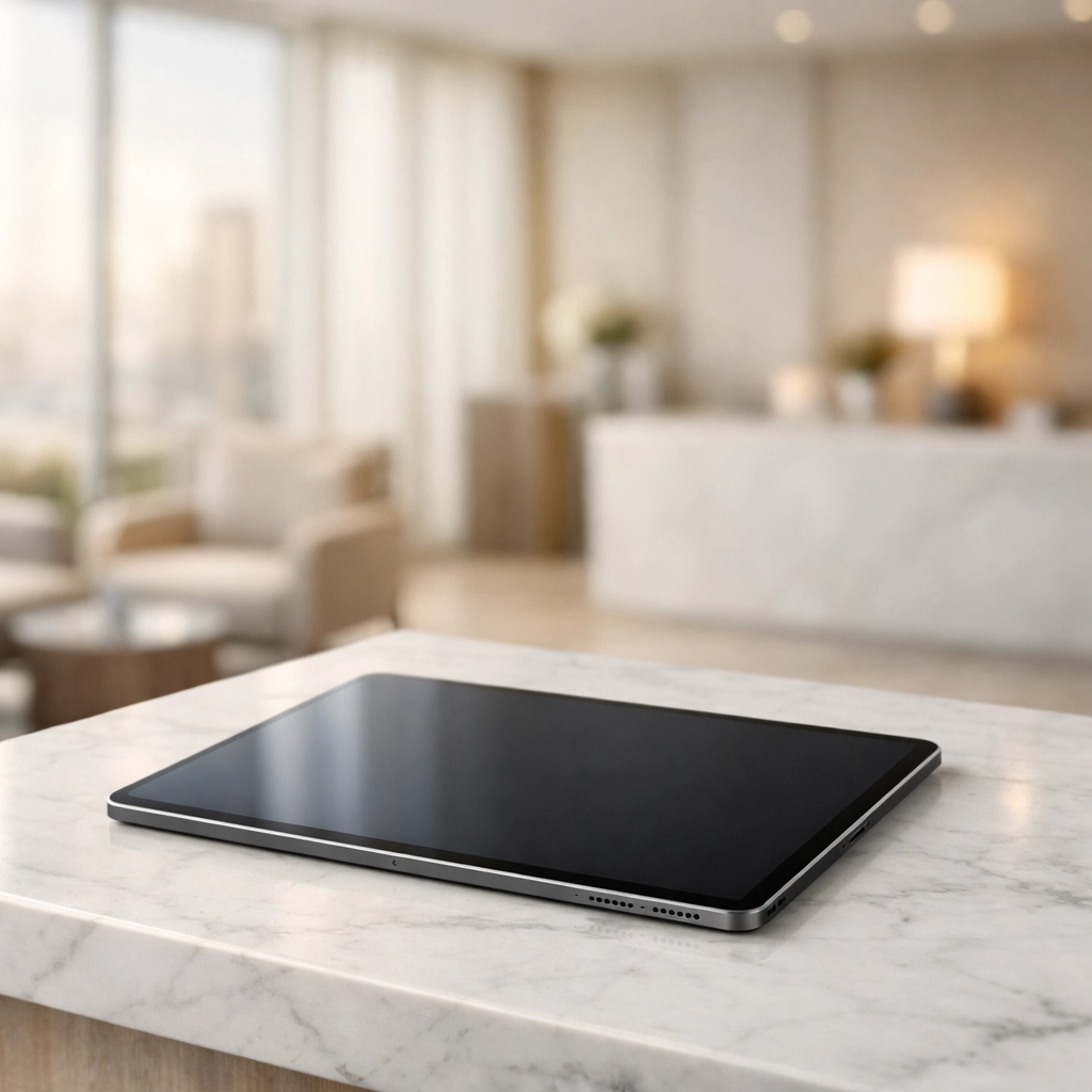 A sleek tablet displaying hotel management software on a modern concierge desk.