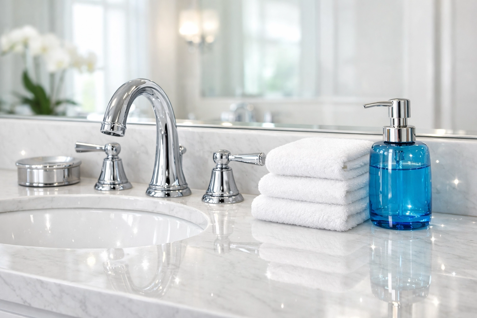 Sparkling clean master bathroom vanity with sanitized fixtures for a luxury Concord rental.