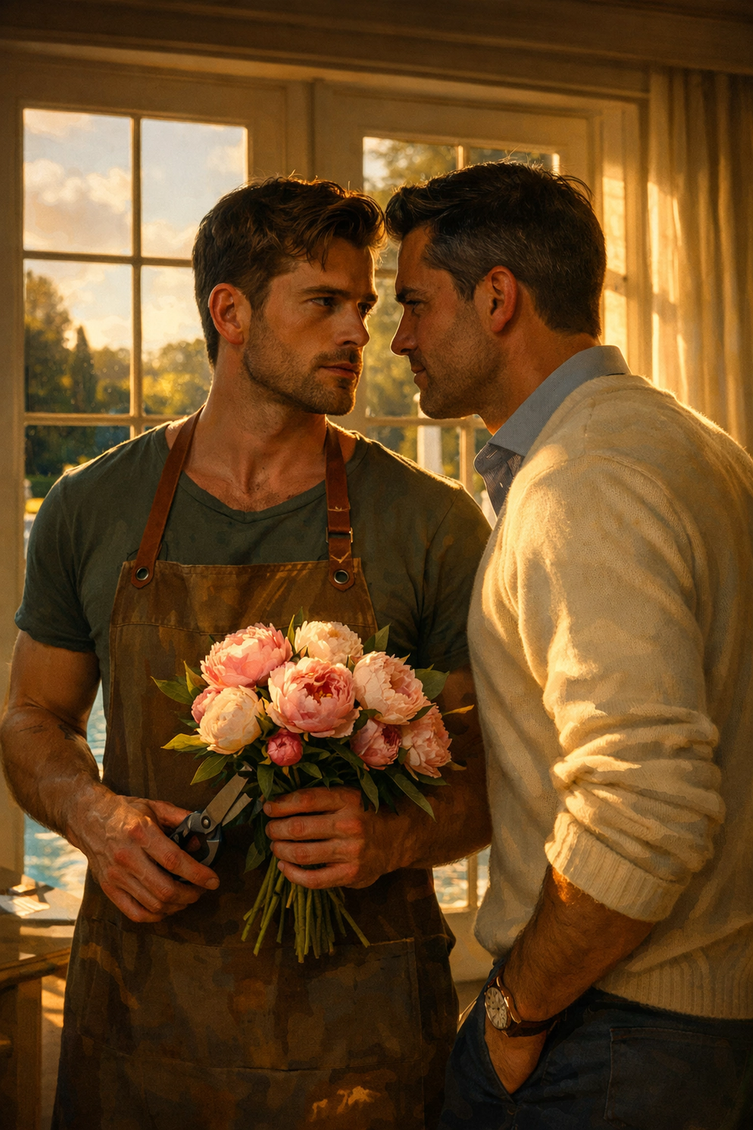 Gay florist and wealthy client in intimate moment at Hamptons estate amid floral arrangement work