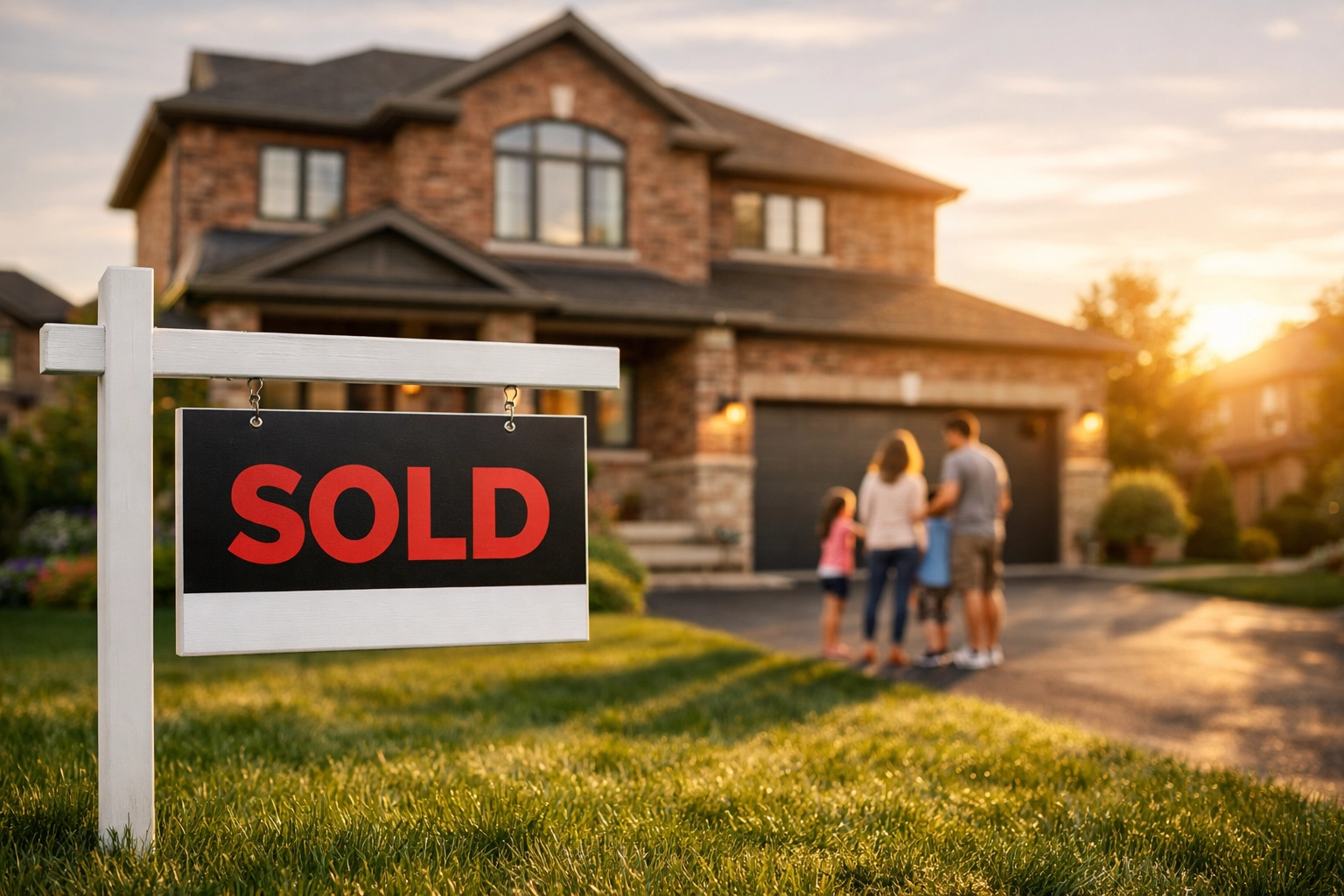 Современный двухэтажный дом в Иннисфиле с табличкой Продано после успешного закрытия сделки.