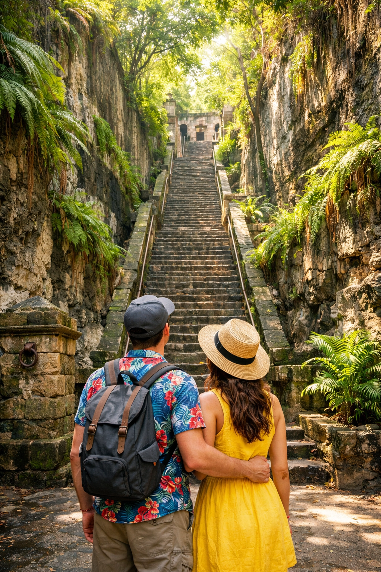 Couple exploring the historic Queen's Staircase in Nassau, a popular stop on a cruise shore excursion.