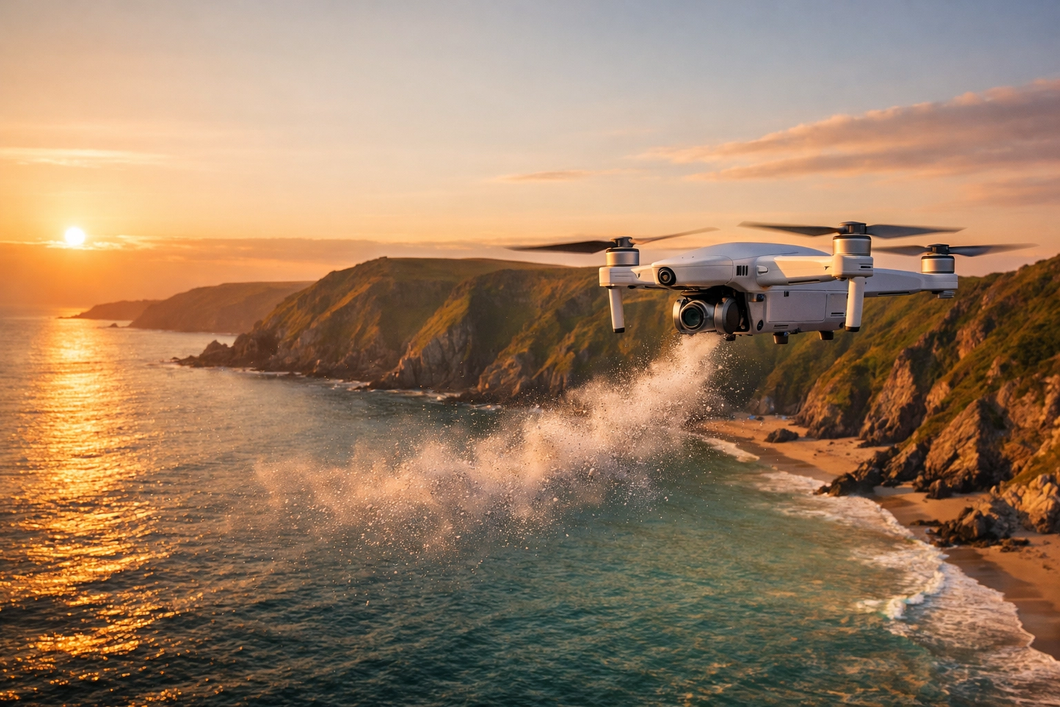 Dignified drone ashes scattering over the turquoise waters of Whitsand Bay, Cornwall, at sunset.