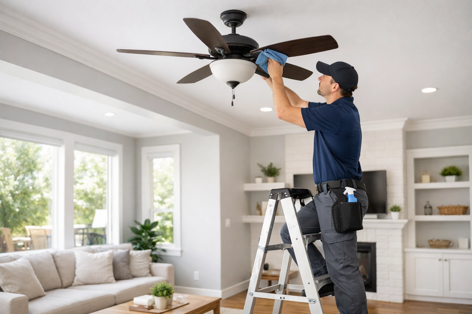 Professional cleaner on ladder wiping ceiling fan blades in apartment living room
