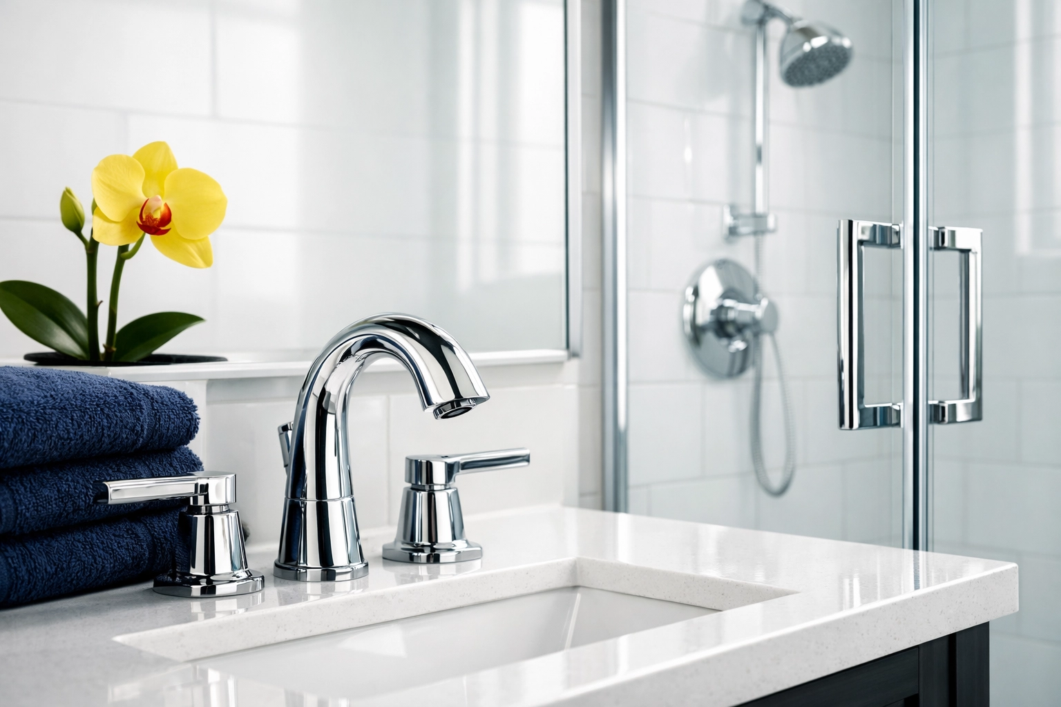 Modern bathroom vanity and streak-free shower glass after professional deep cleaning services.