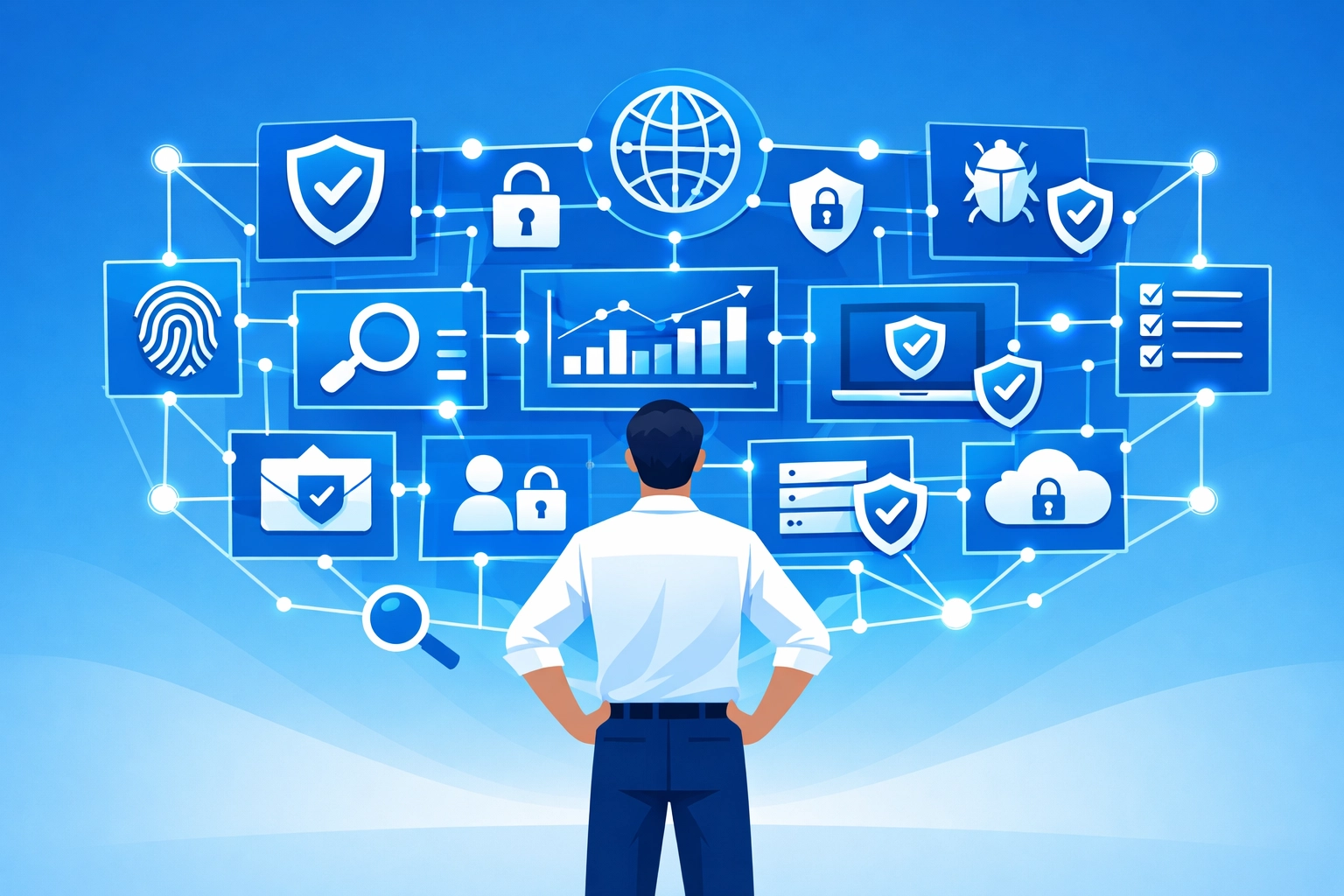 Professional looking at a digital dashboard representing a comprehensive business security strategy