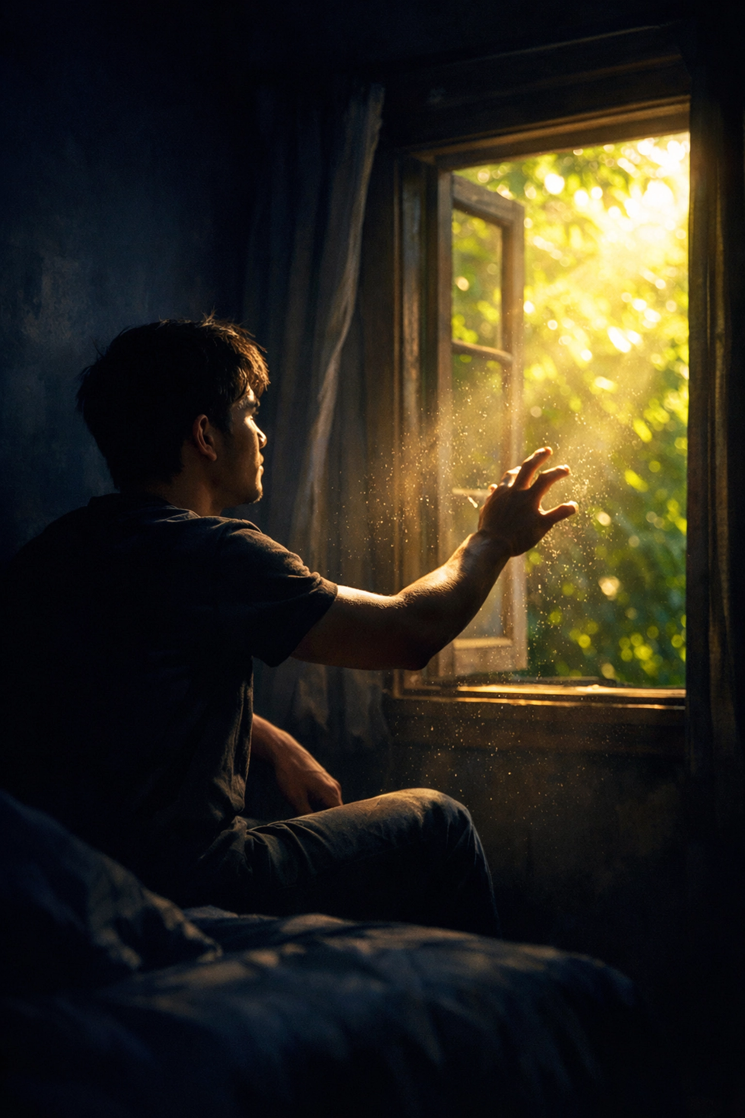 Young man reaching from a dark room toward bright spring sunlight, illustrating the emotional journey of coming out.
