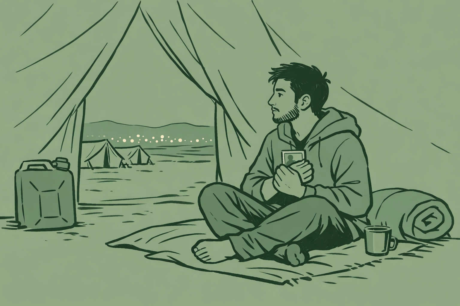 Syrian LGBTQ+ refugee in camp holding photograph with hope for safe asylum in Berlin