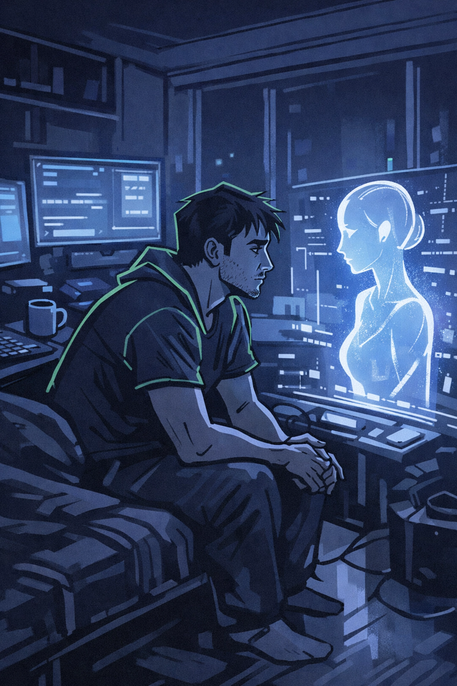 Lonely man in apartment surrounded by screens gazing at AI hologram in MM sci-fi romance thriller