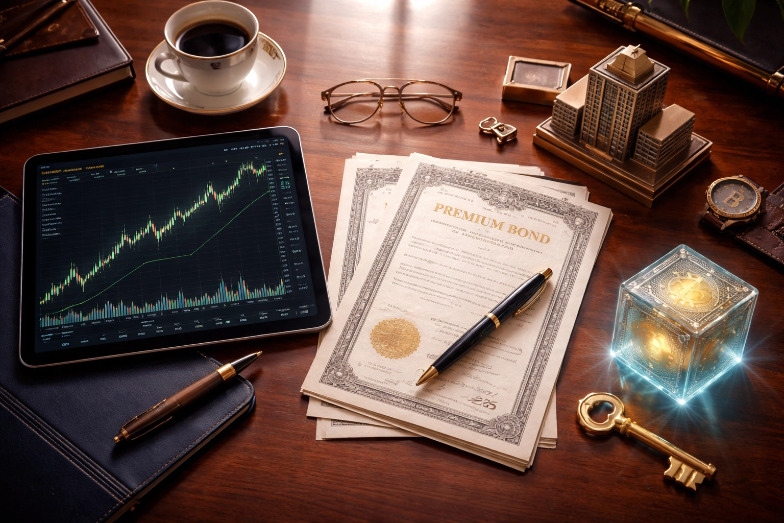 Investor's desk showing stocks, bonds, and alternative investment icons, highlighting diversified portfolio strategies