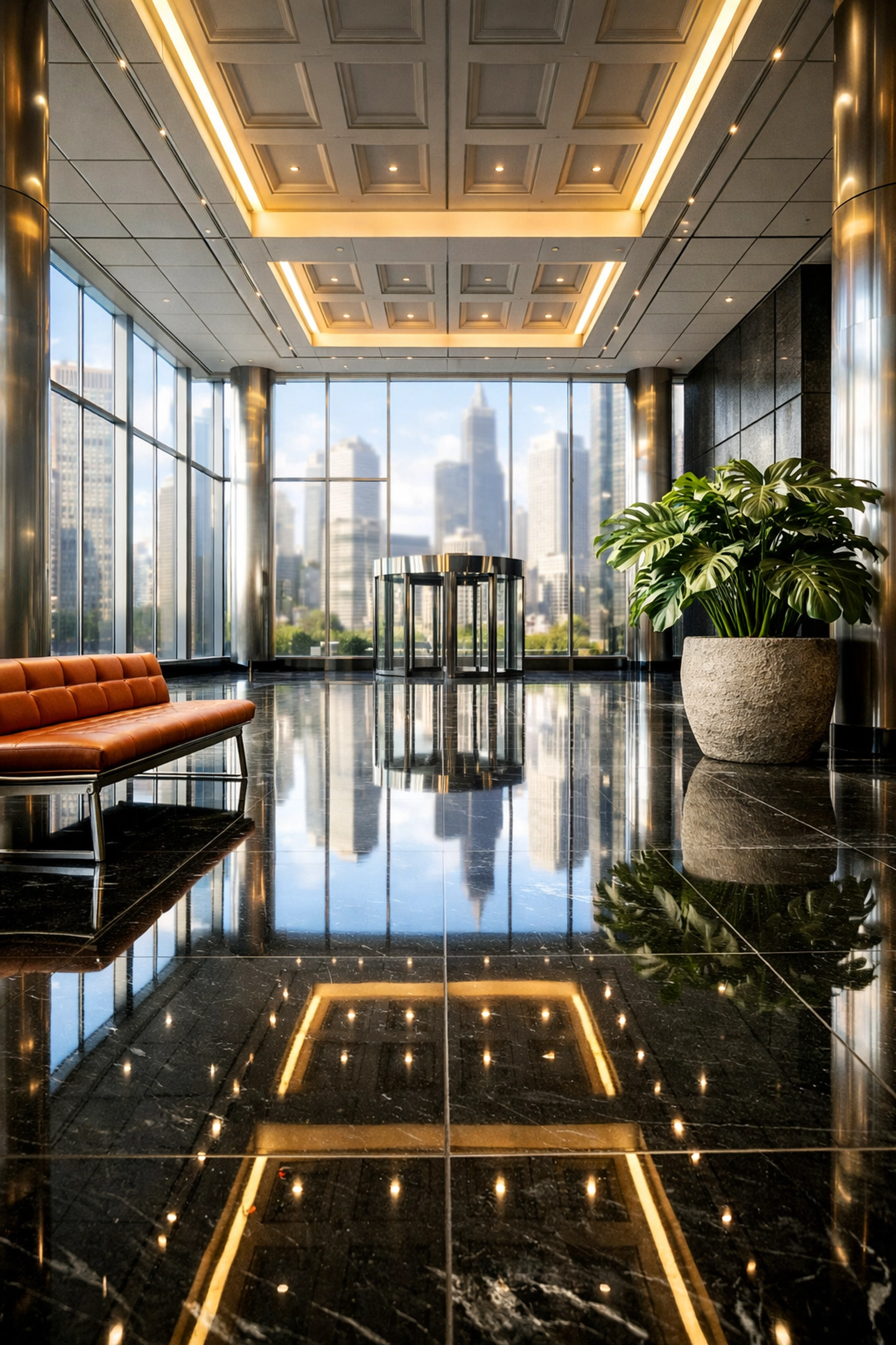 Polished marble floors in a clean Chicago commercial office lobby showing high-quality janitorial standards.