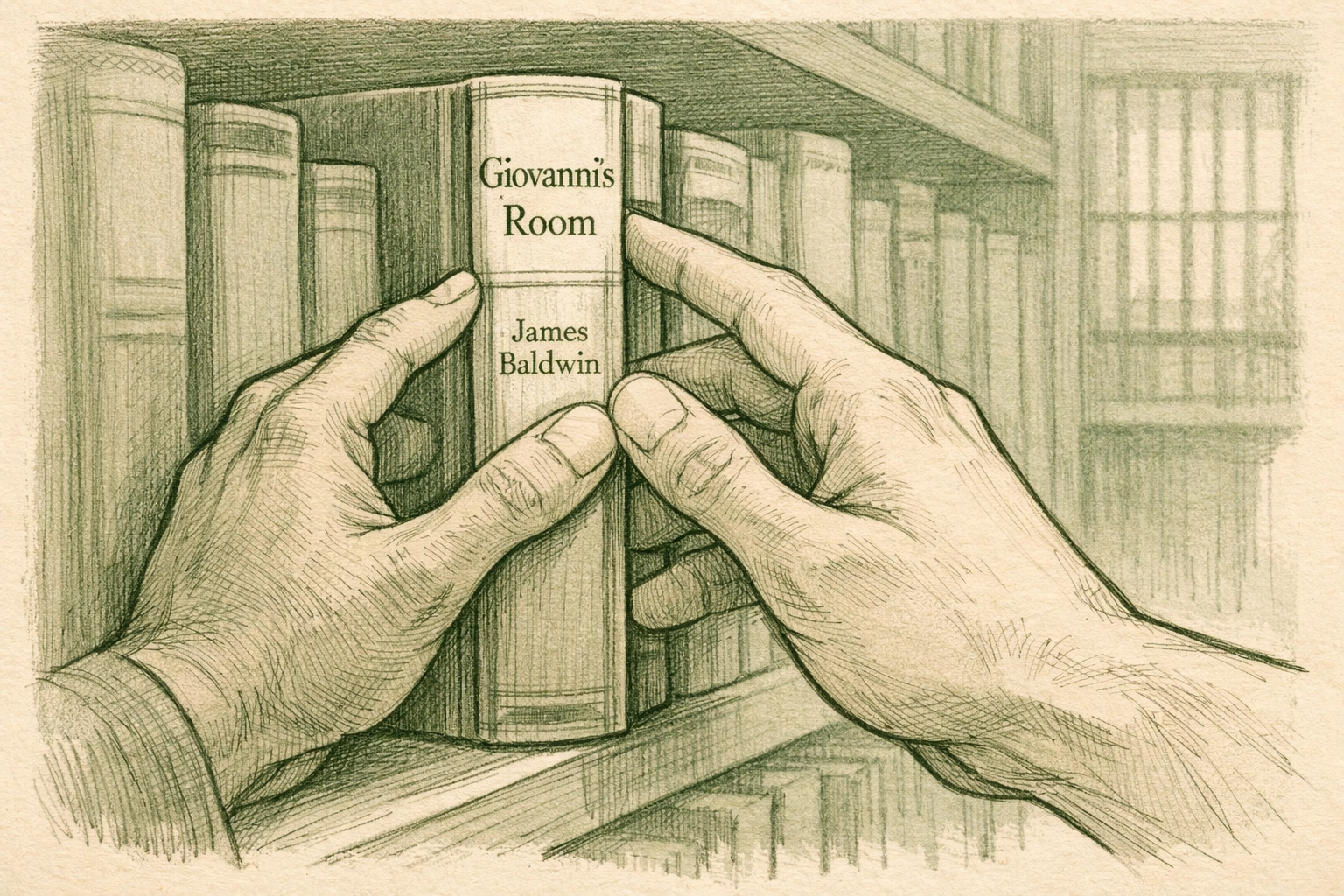 Hands reaching for Giovanni's Room book showing emotional MM romance connection