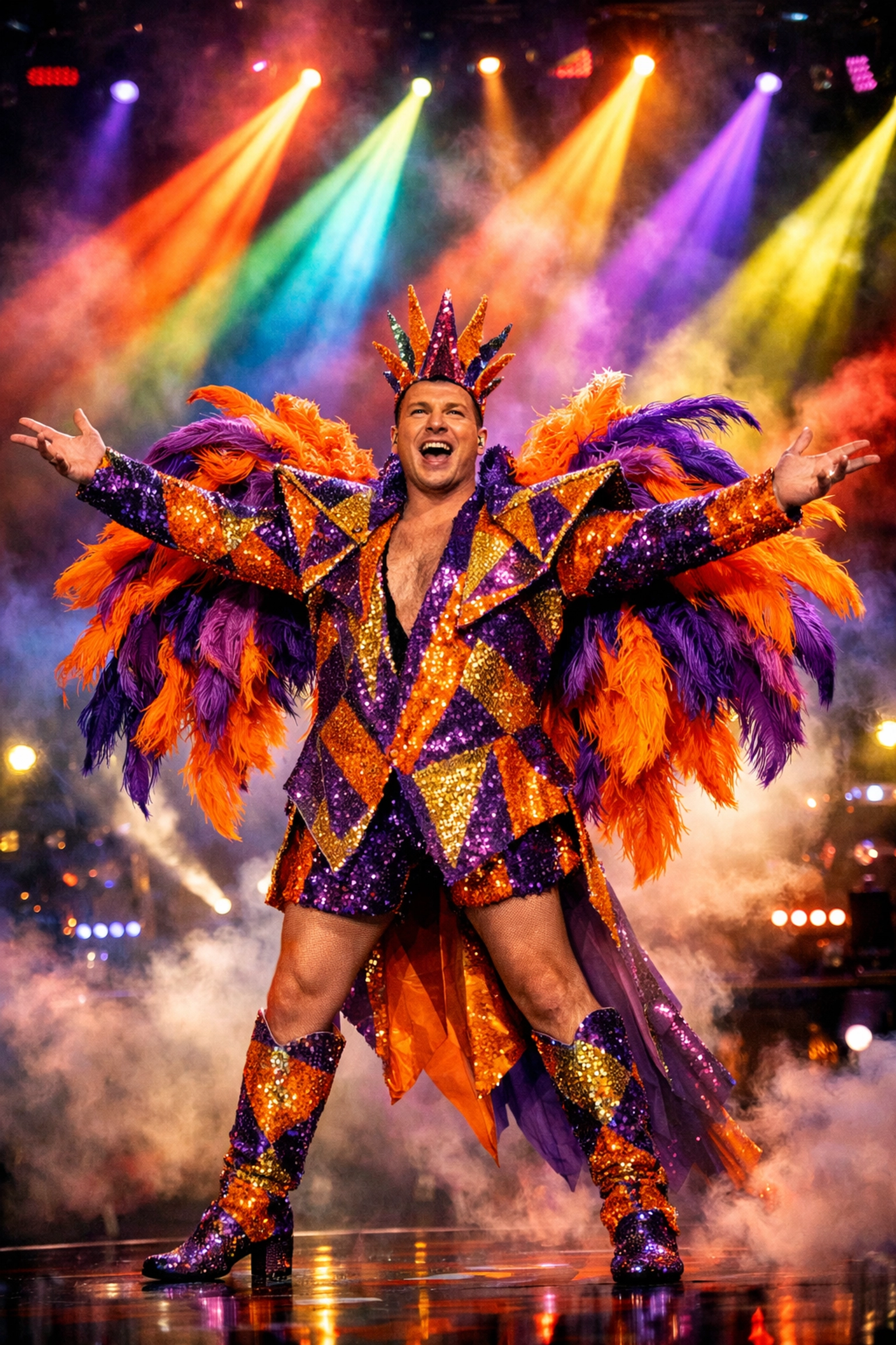 Eurovision performer in extravagant sequined camp costume on stage with dramatic lighting
