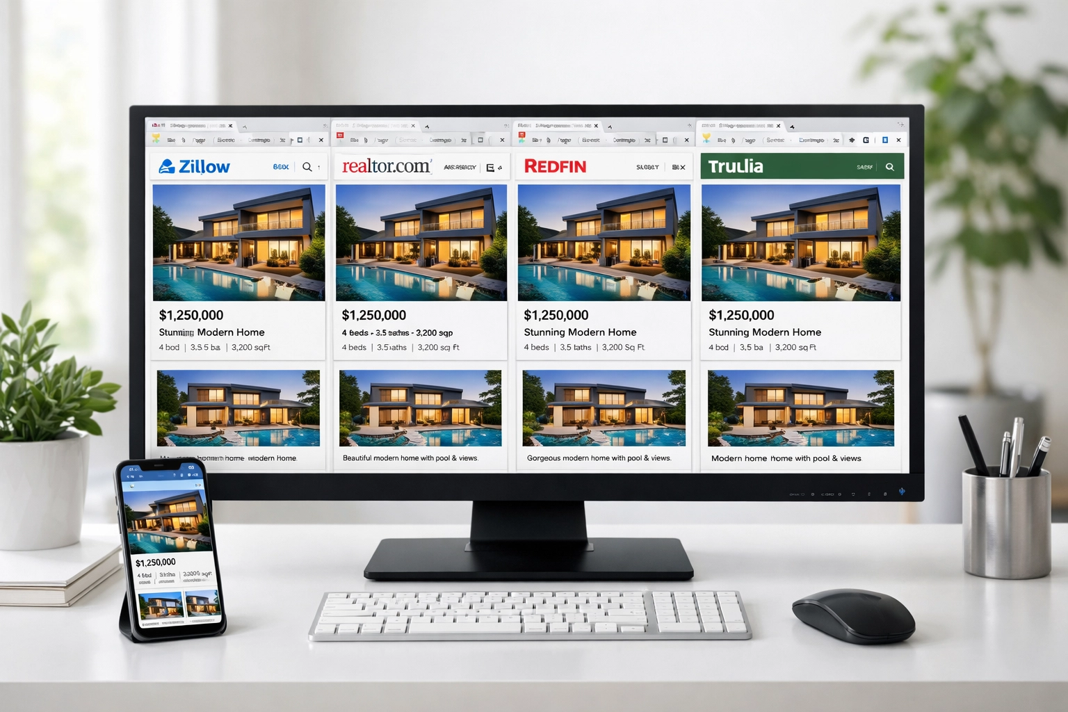 Flat-fee MLS listing syndicated across Zillow, Realtor.com, Redfin and Trulia on multiple screens