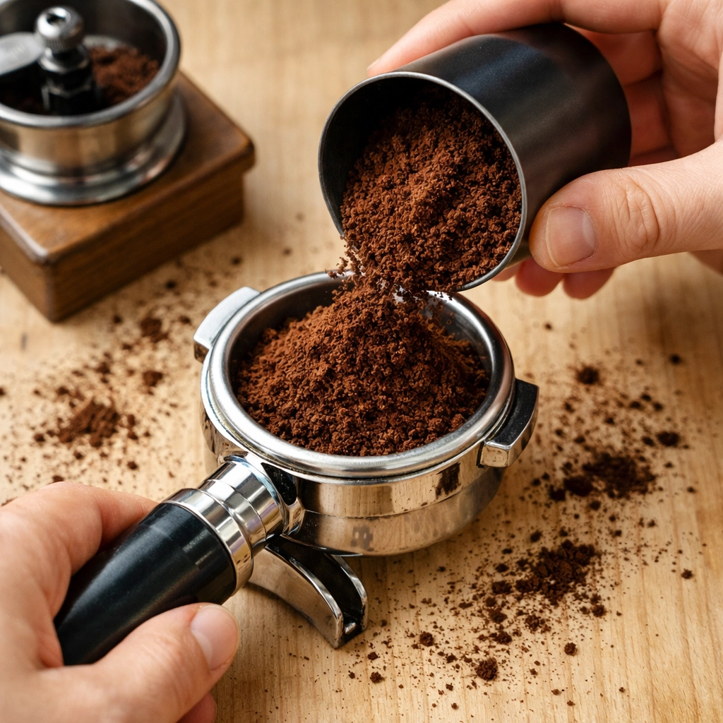 Espresso portafilter filled with freshly ground coffee for home brewing