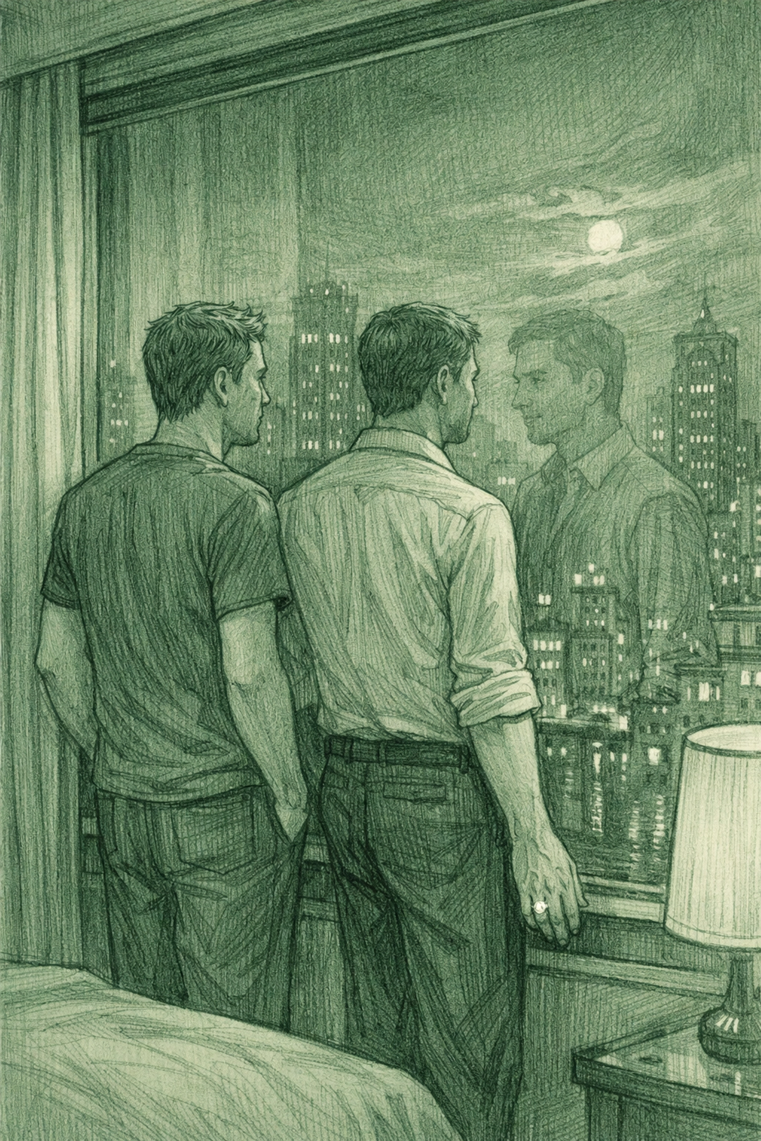 Two men at hotel window overlooking city reflecting on bisexual relationship and difficult choices
