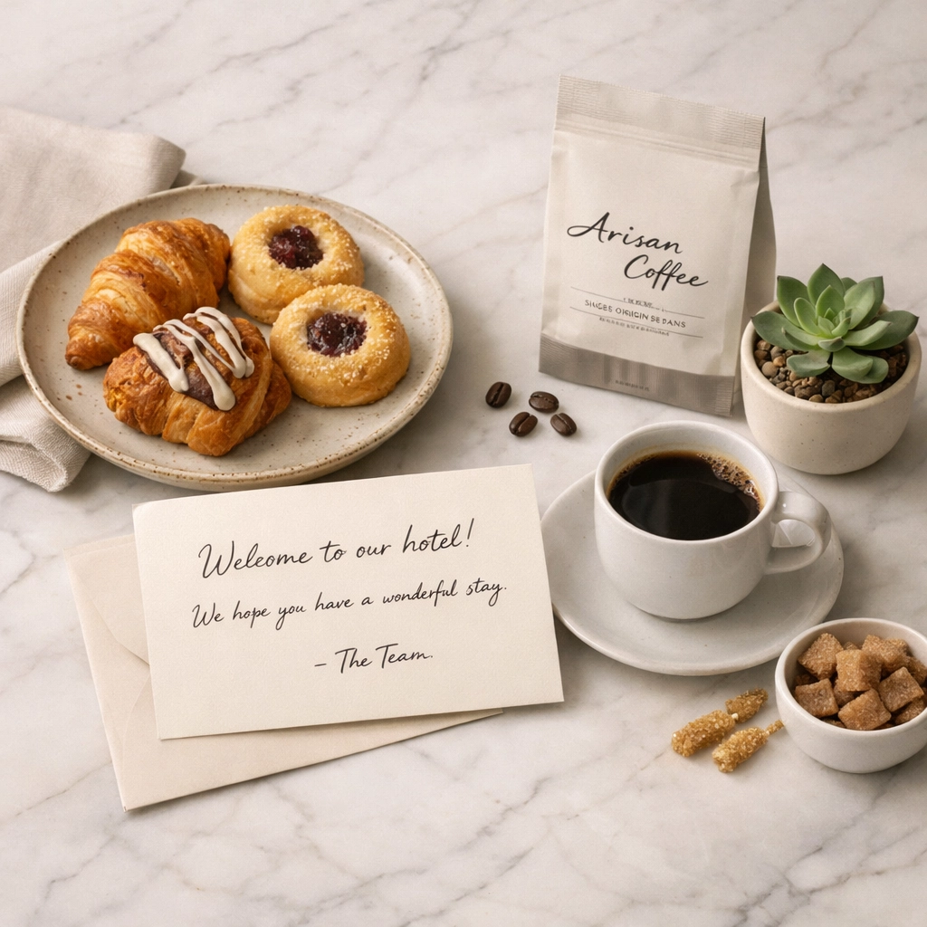 Curated welcome amenities showcasing personalized hospitality and guest experience