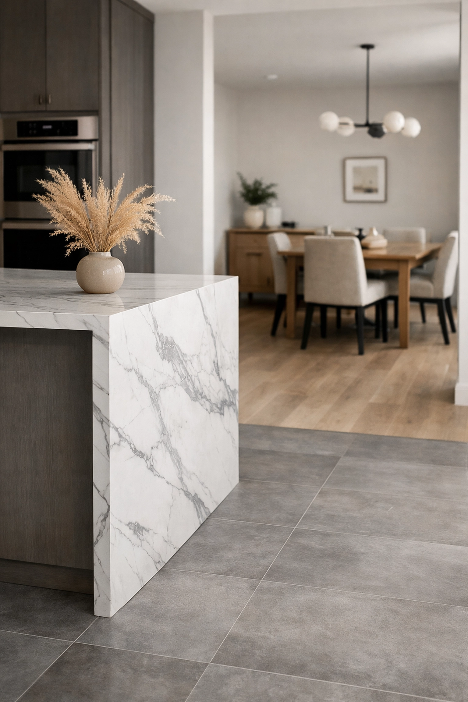 Modern kitchen with grey flooring and marble island, showcasing upgrades to boost rental ROI in Saskatoon.