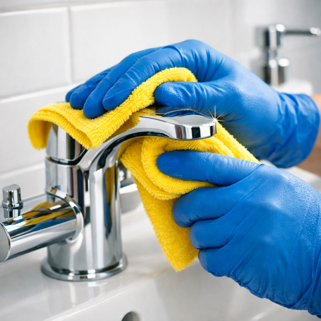 Professional house cleaning Worcester MA expert meticulously detailing a modern bathroom fixture with ninja-level precision.