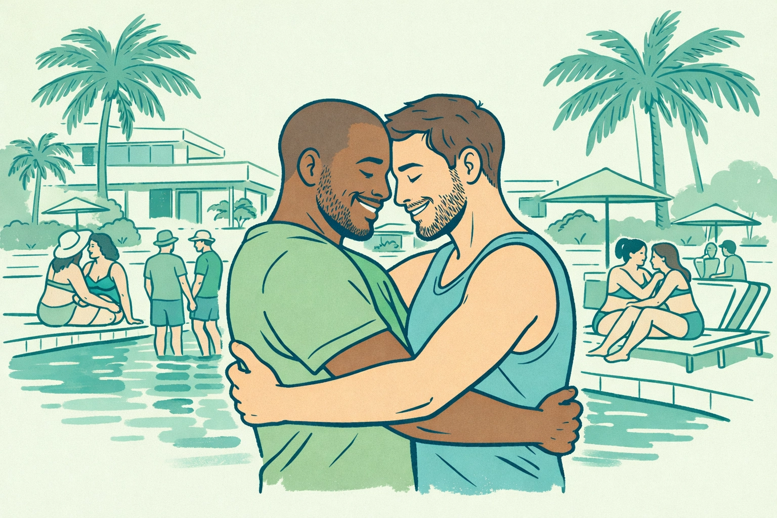 LGBTQ couple embracing poolside at Cap d'Agde naturist resort community