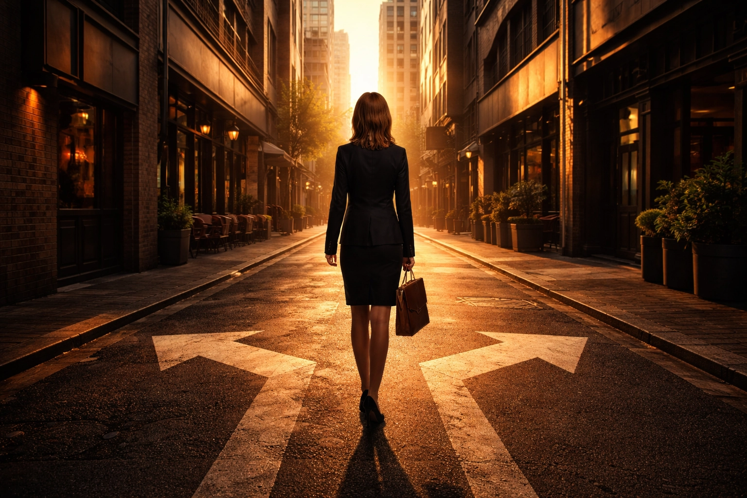 Professional woman at crossroads in Adelaide city, symbolizing decision-making after disruption