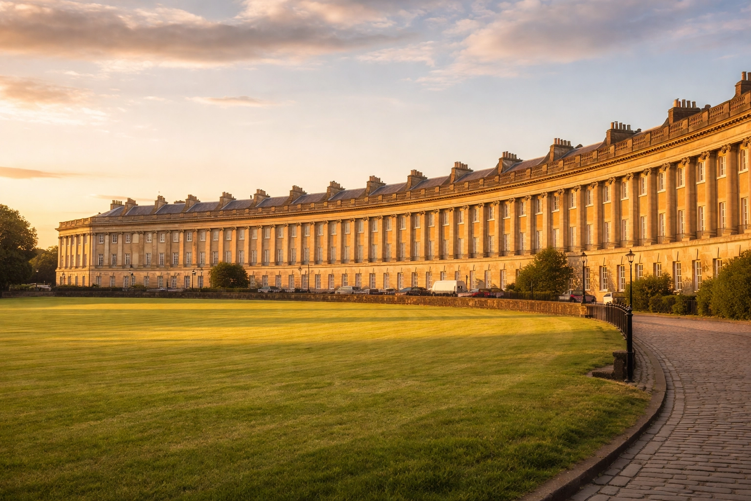 The Royal Crescent in Bath, showcasing Georgian honey-colored limestone townhouses and lush manicured lawns.