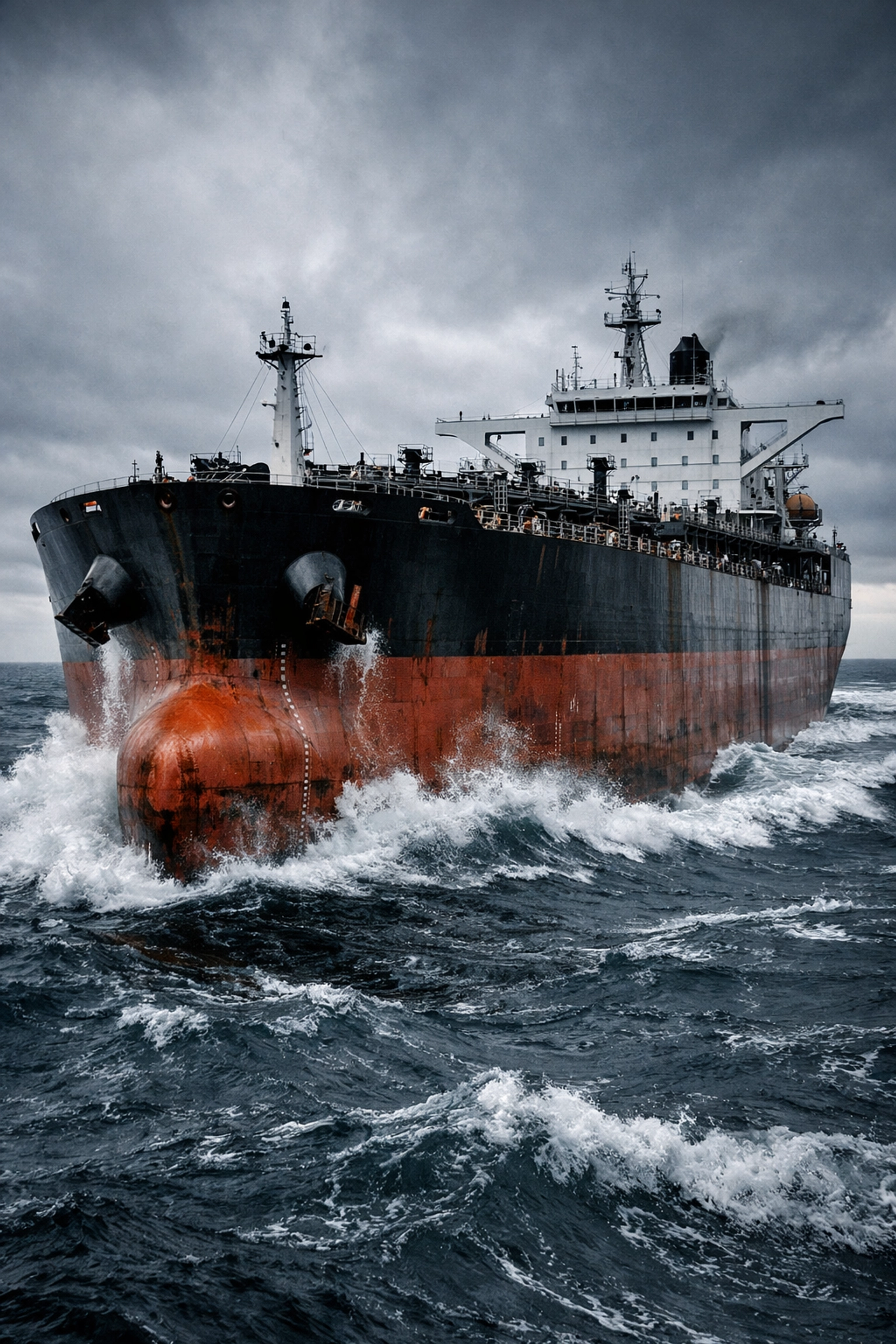 Massive oil tanker in rough seas, representing rising freight rates and global energy supply chain risks.