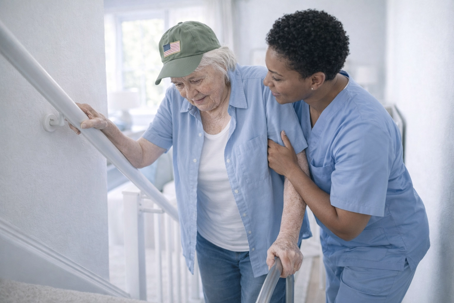 Caregiver assisting elderly veteran with mobility and personal care services at home