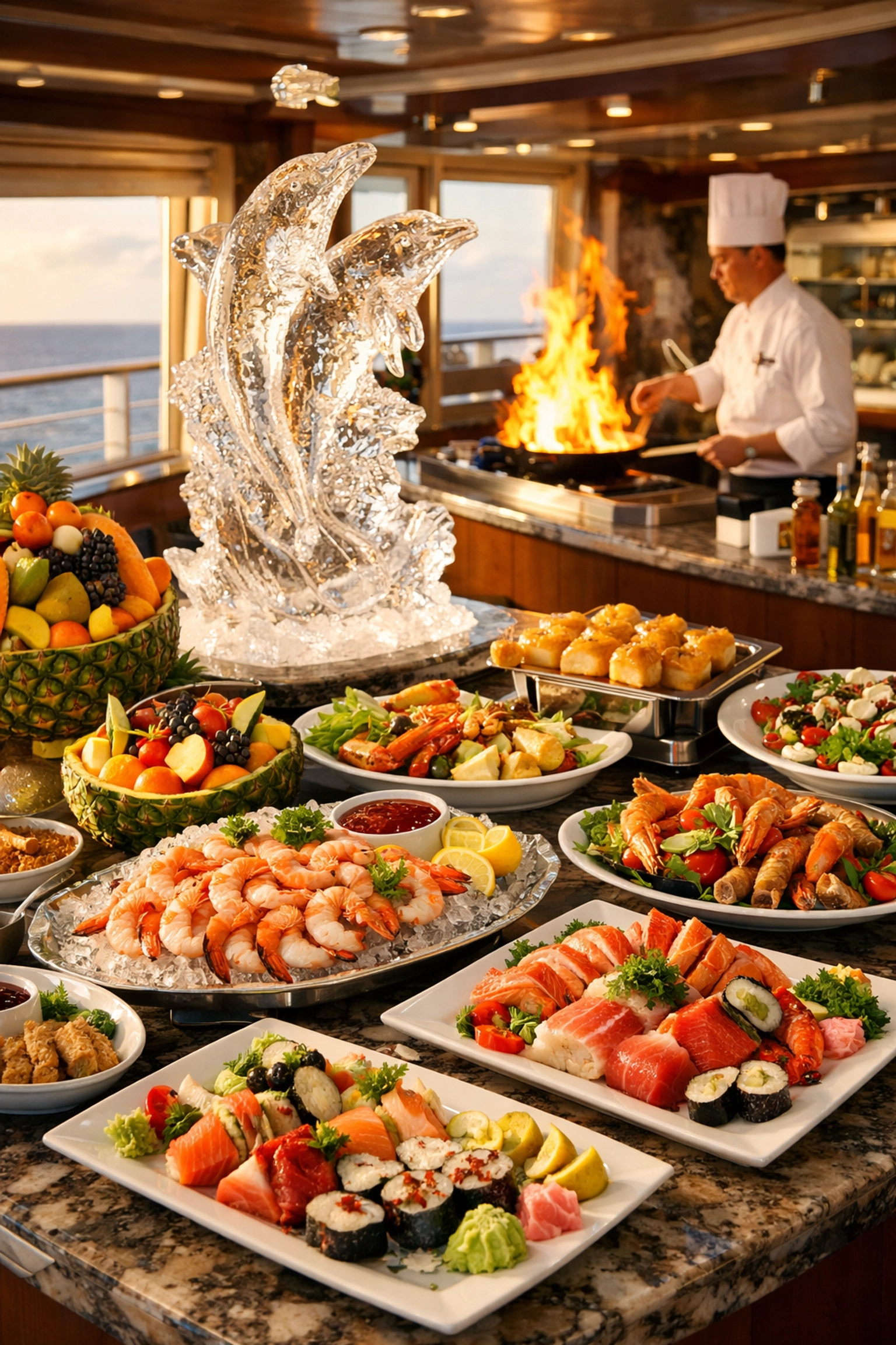 Luxury cruise ship buffet spread with gourmet dishes and live cooking station
