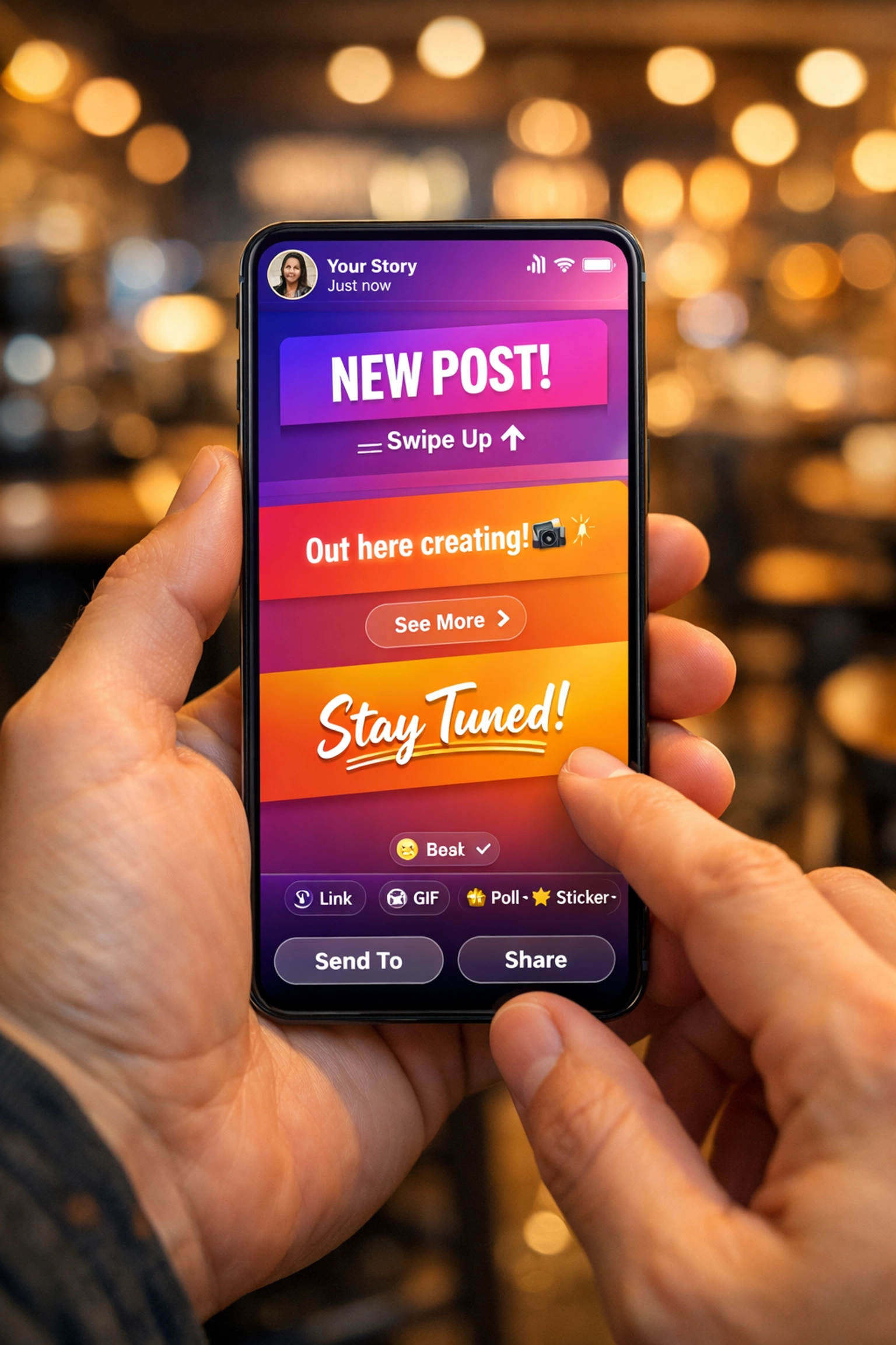 Hands holding a smartphone showing a vibrant social media story created from blog content.